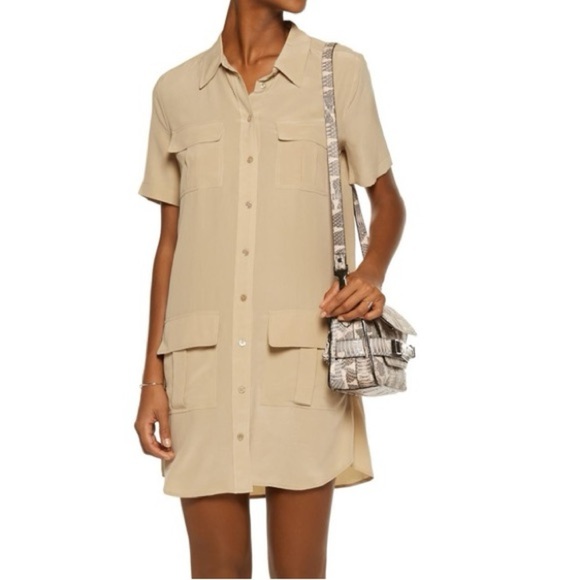 Equipment Remy Silk Button-Front Utility Shirt Dress Khaki Beige M - Picture 10 of 14